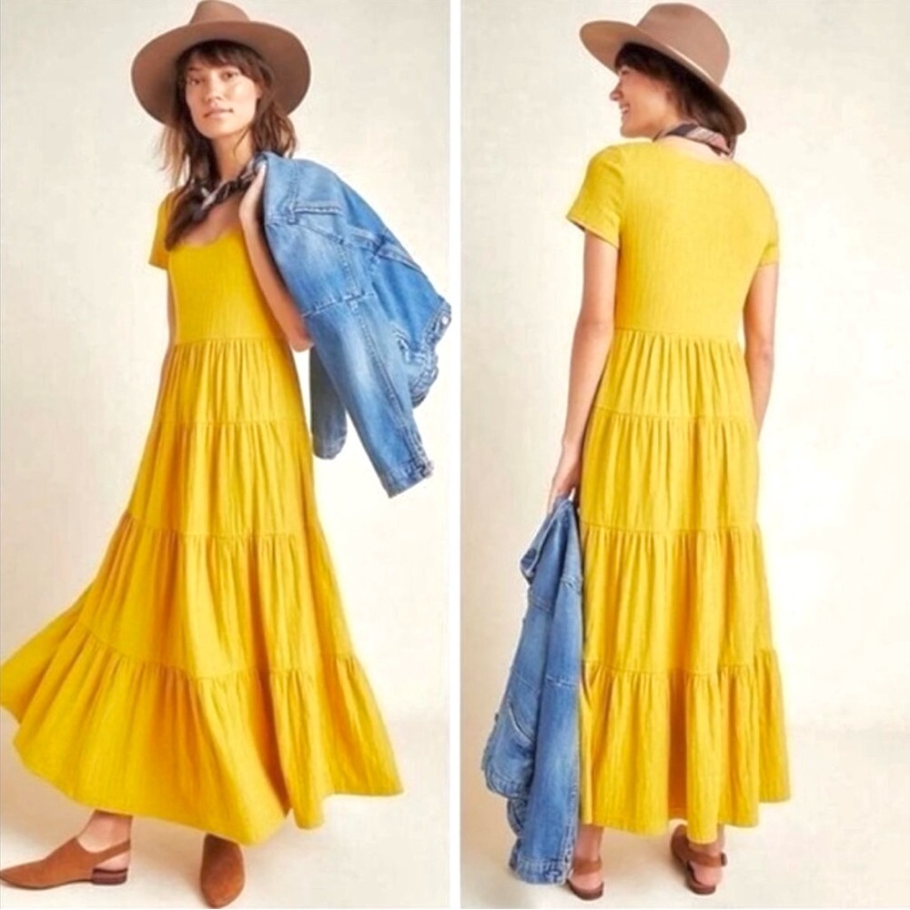 Maeve Anthro Gillian Tiered stretchy knit Mustard Yellow Maxi Dress